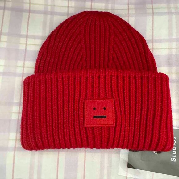 Acne Womens Embroidered Smiley Wool Hat Red - Picture 1 of 5